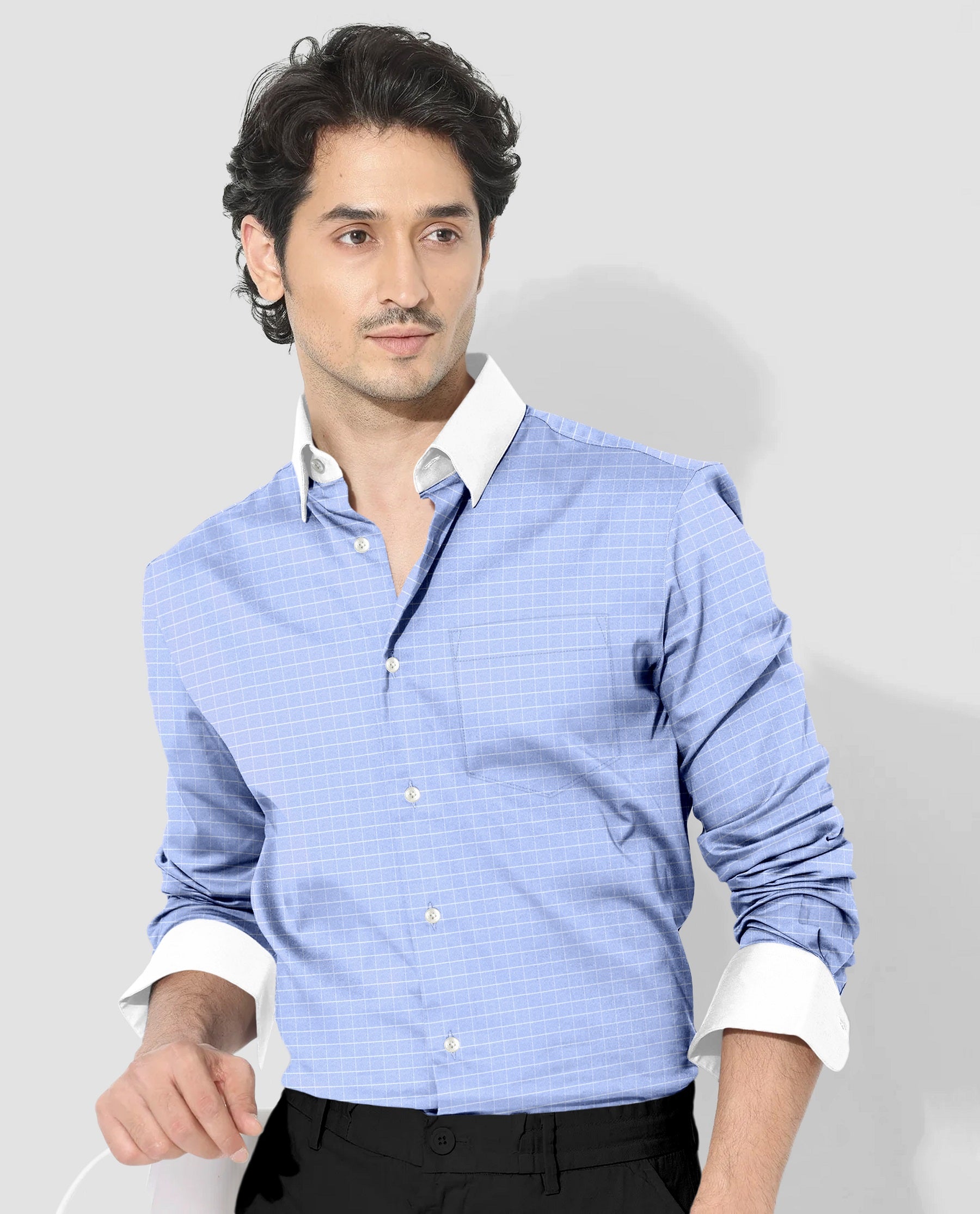 Hawkes Blue and Snow White Checks Designer Cotton Shirt