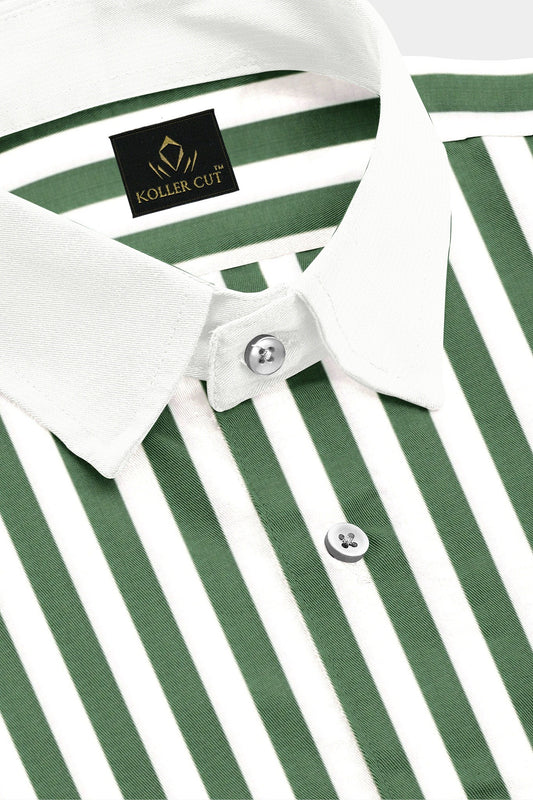 White with Loden Frost Green Candy Stripes Designer Cotton Shirt