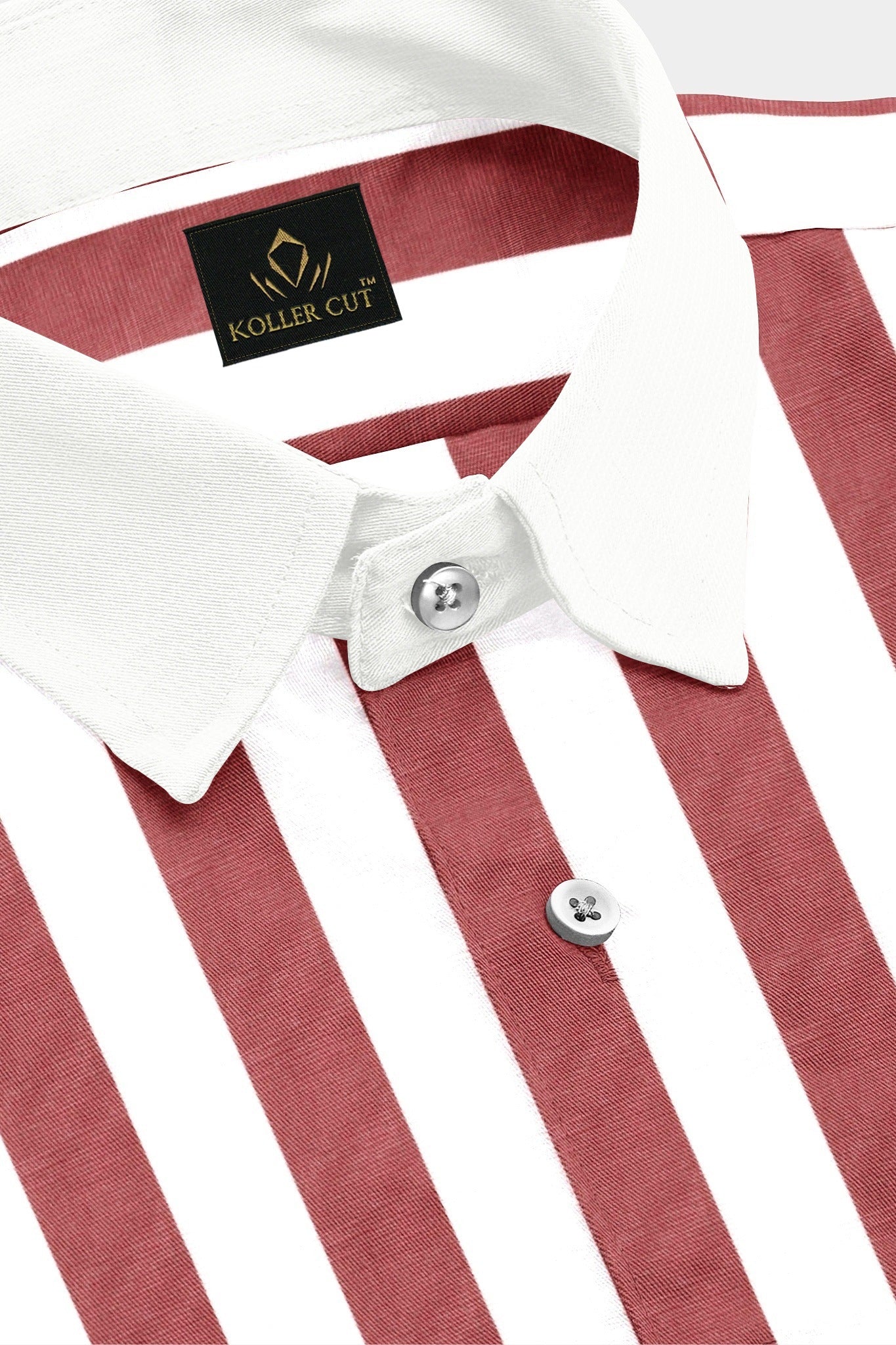 White and Brick Red Awning Stripes Designer Cotton Shirt