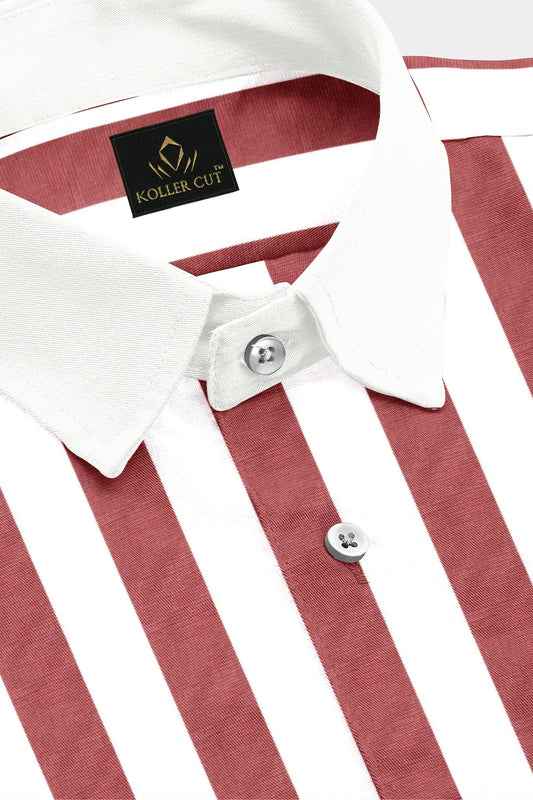 White and Brick Red Awning Stripes Designer Cotton Shirt