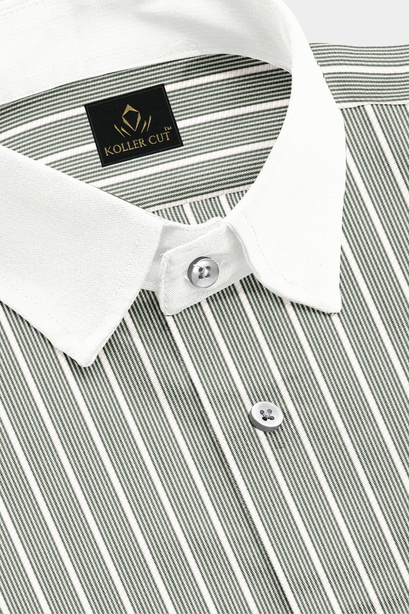 Chive Green and White Stripes Designer Cotton Shirt