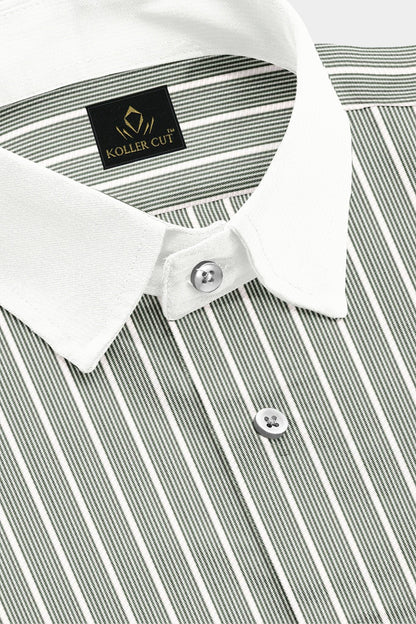 Chive Green and White Stripes Designer Cotton Shirt
