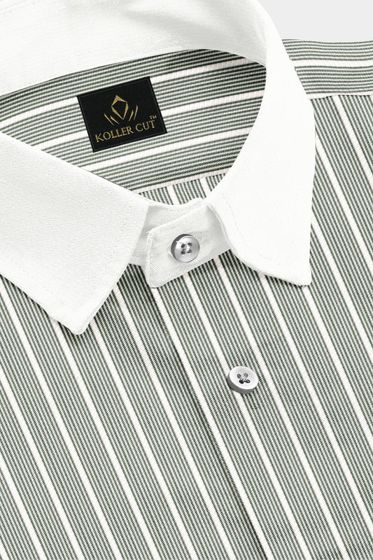 Chive Green and White Stripes Designer Cotton Shirt