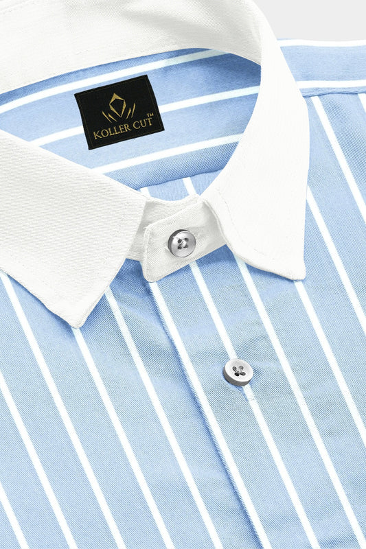 Blizzard Blue and White Wide Pinstripes Designer Cotton Linen Shirt