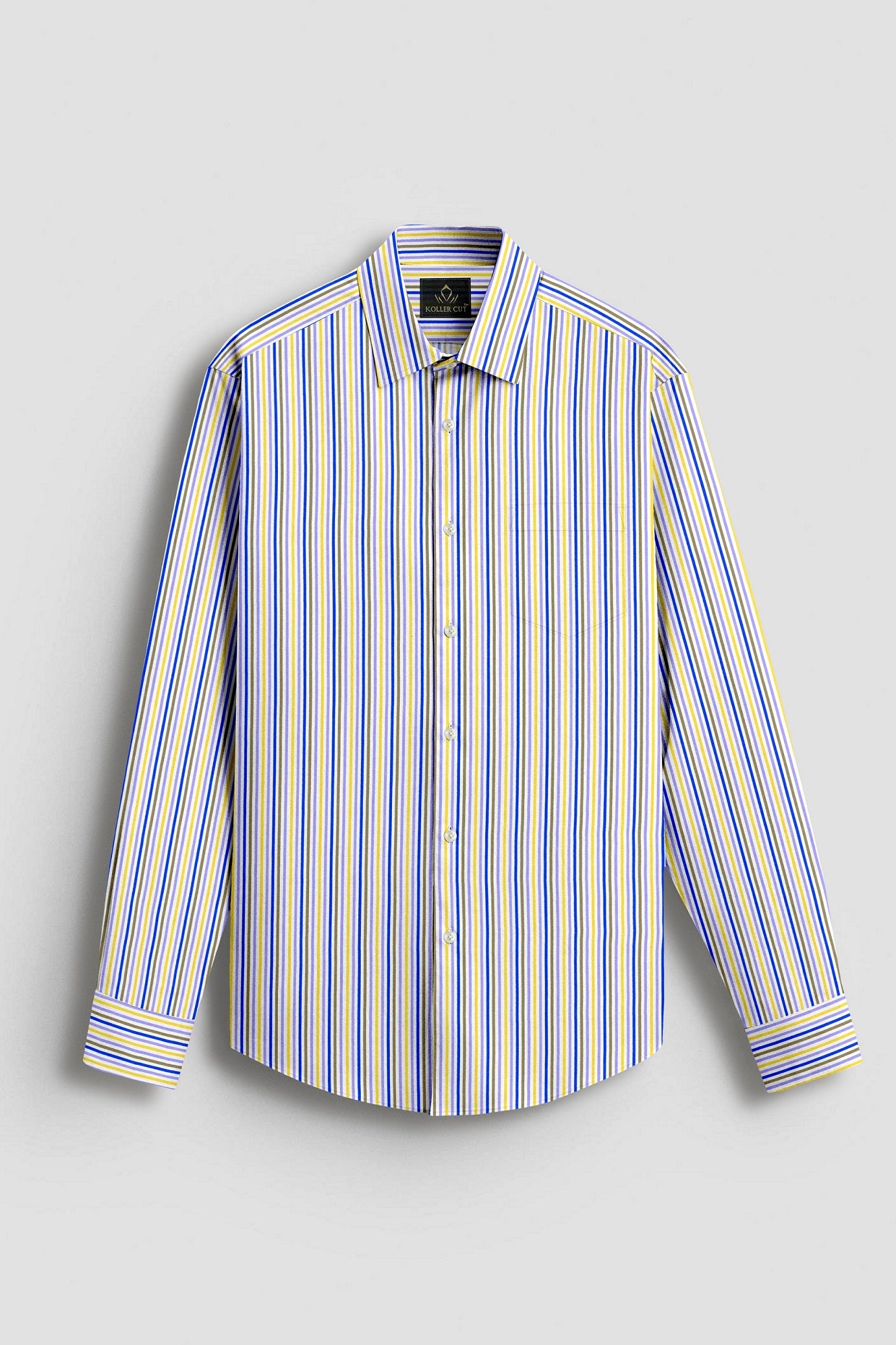 White with Lichen Blue and Lemon Yellow Multicolored Stripes Cotton Shirt