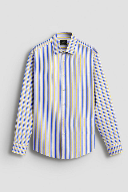 White with Lichen Blue and Lemon Yellow Multicolored Stripes Cotton Shirt