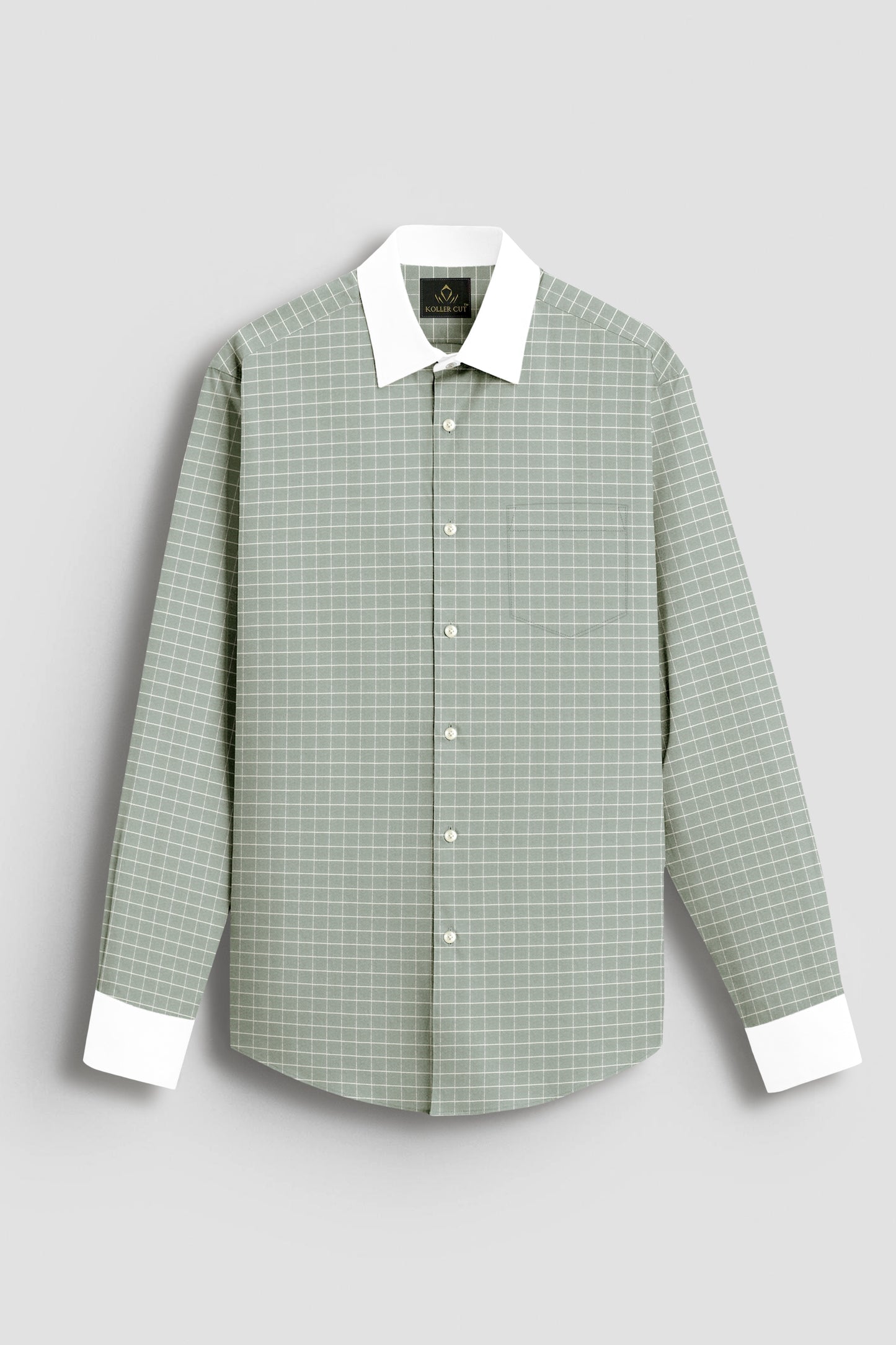 Avocado Green and Snow White Checks Designer Cotton Shirt