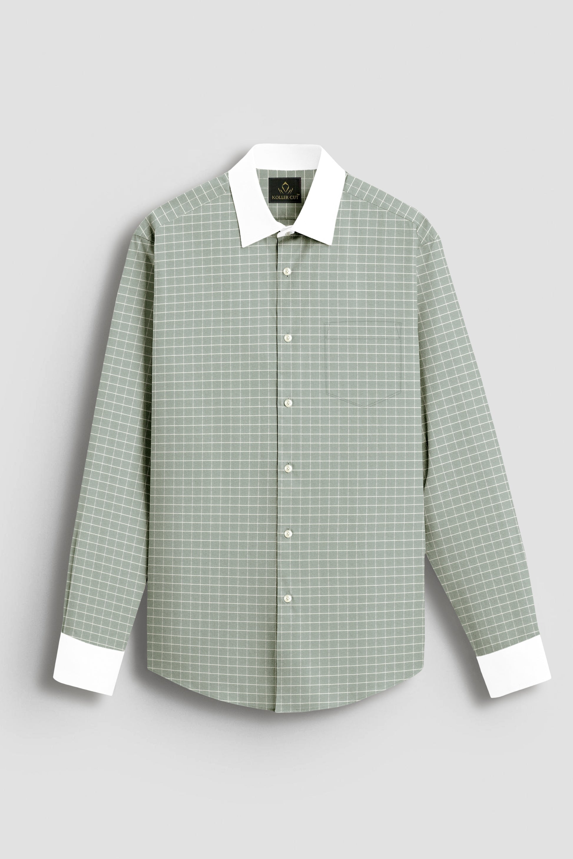 Avocado Green and Snow White Checks Designer Cotton Shirt