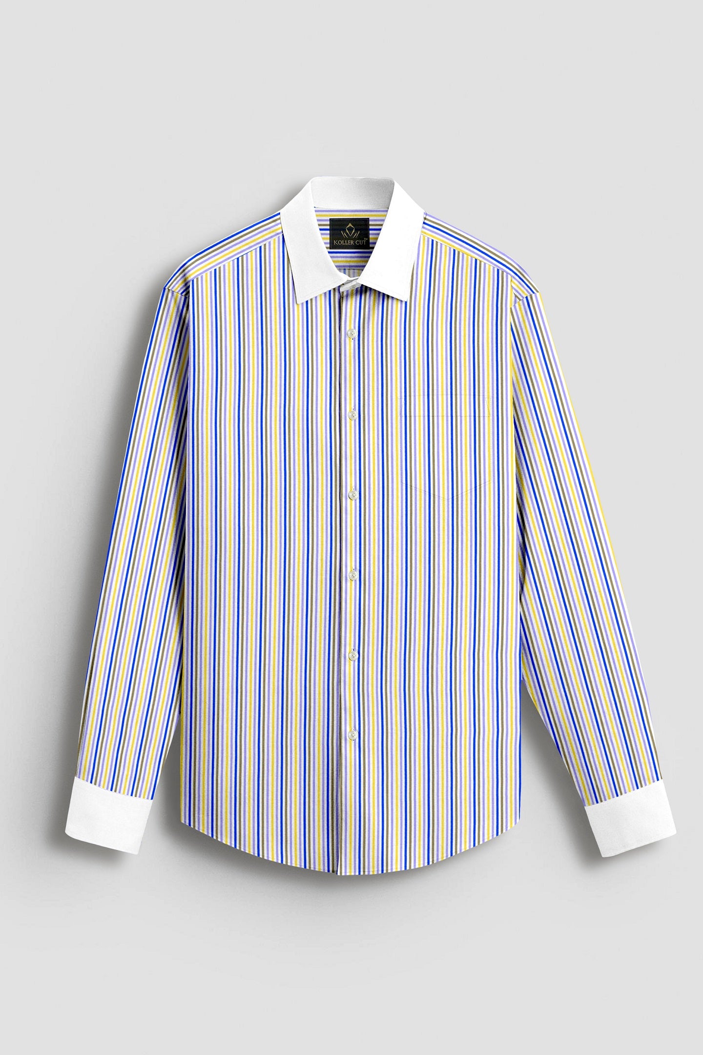 White with Lapis Blue and Lemon Yellow Multicolored Multitrack Stripes Designer Cotton Shirt 