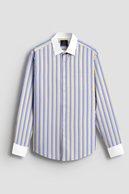 White with Lapis Blue and Lemon Yellow Multicolored Multitrack Stripes Designer Cotton Shirt 