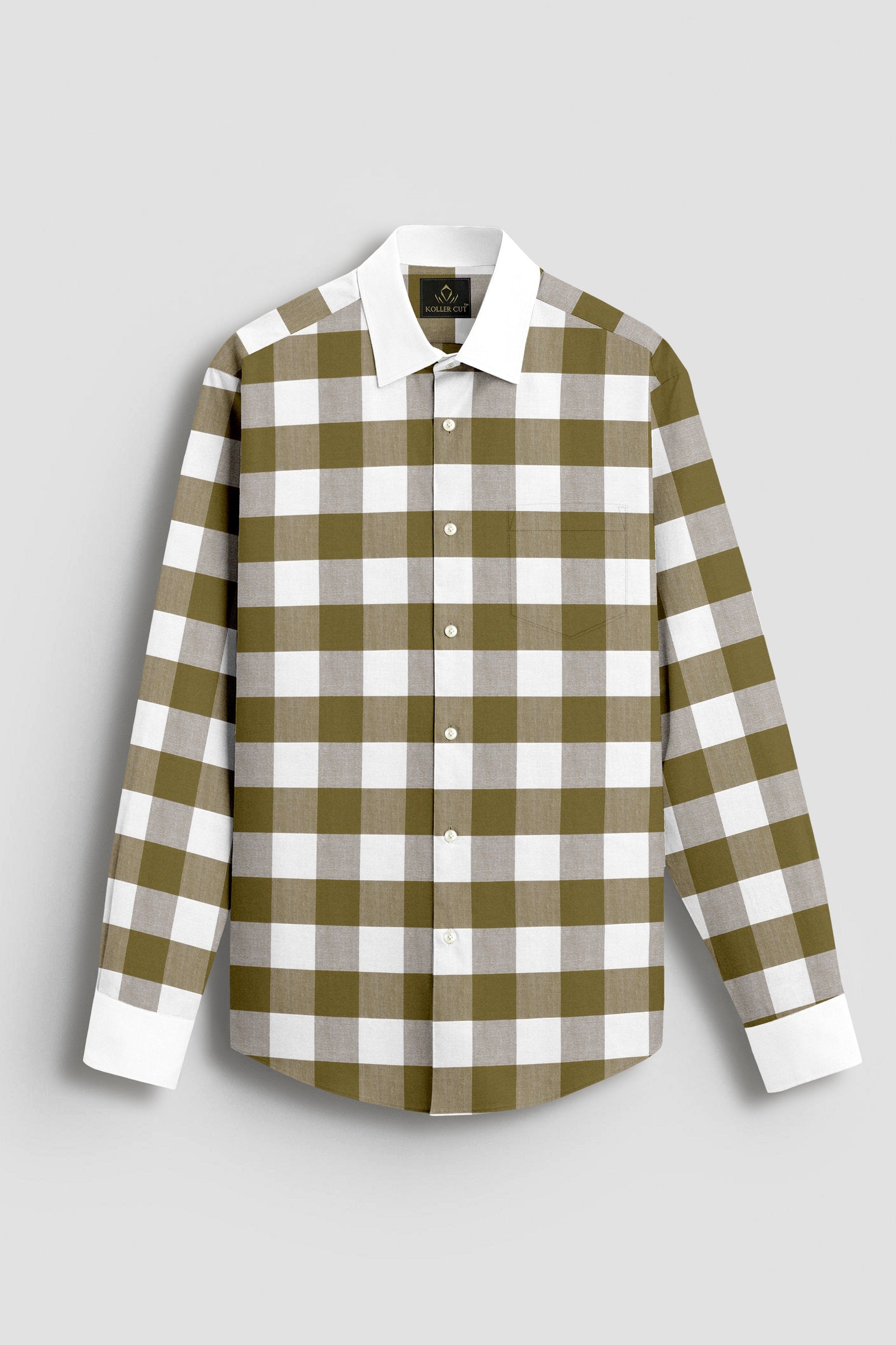 White and Ecru Olive Green Buffalo Checks Designer Cotton Shirt