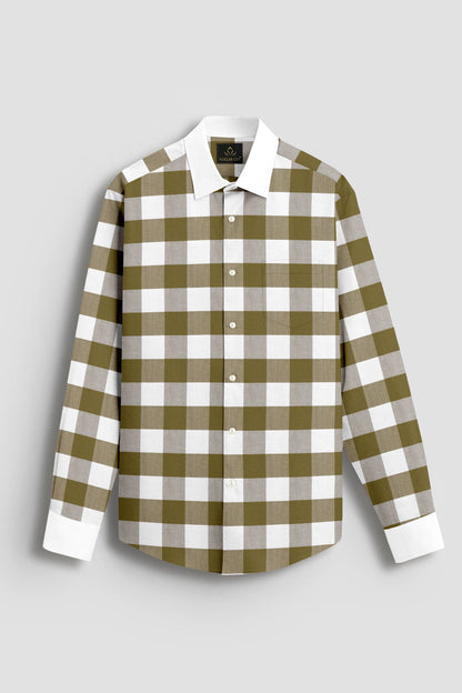 White and Ecru Olive Green Buffalo Checks Designer Cotton Shirt