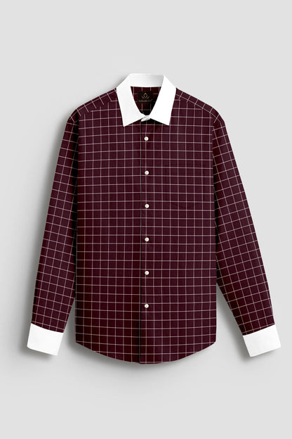 Aubergine Maroon and Salt White Graph Checks Designer Cotton Shirt