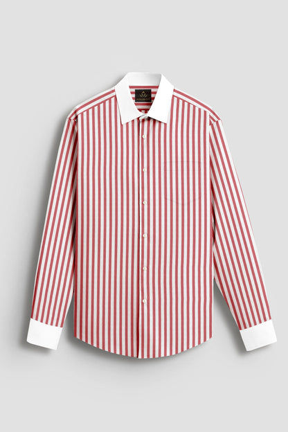 Sandalwood Red And Milky White Stripes Oxford Structured Designer Cotton Shirt