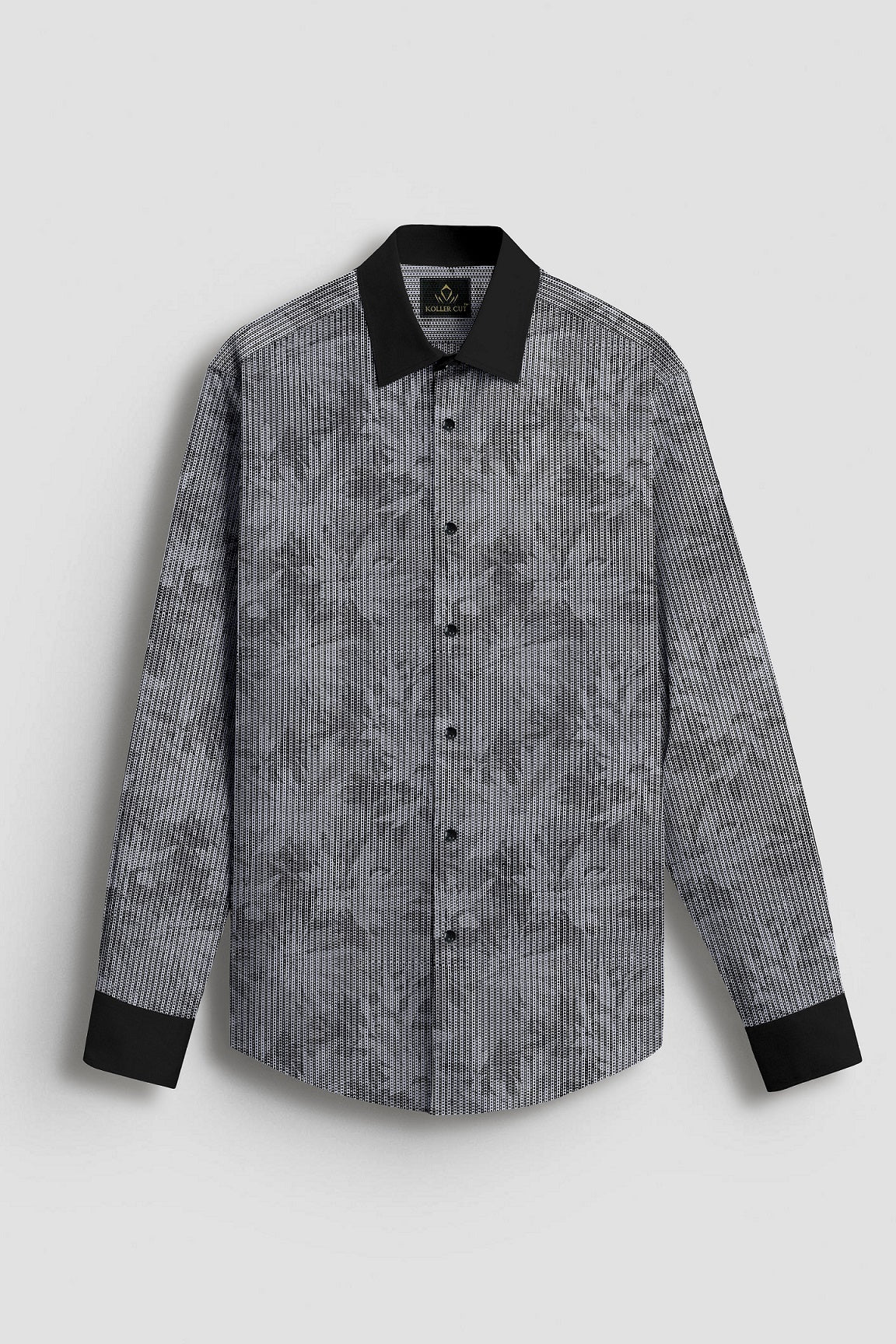 Sable Black and Slate Grey Maple Leaf Printed Broken Stripes Designer Cotton Shirt