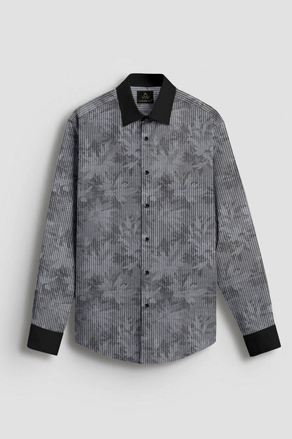 Sable Black and Slate Grey Maple Leaf Printed Broken Stripes Designer Cotton Shirt