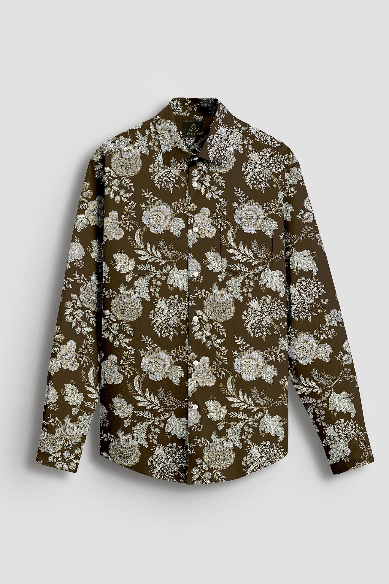 Lizard Brown with Olive Green and Moth Cream Marigold Plant Printed Cotton Shirt