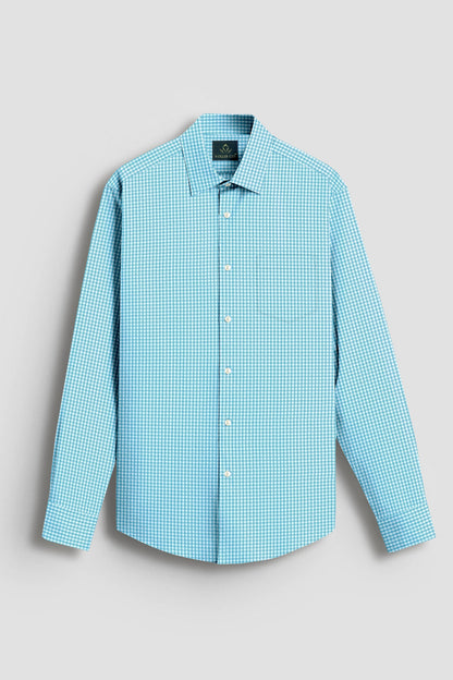 Aqua Blue and Porcelain White Gingham Checks Cotton Shirt