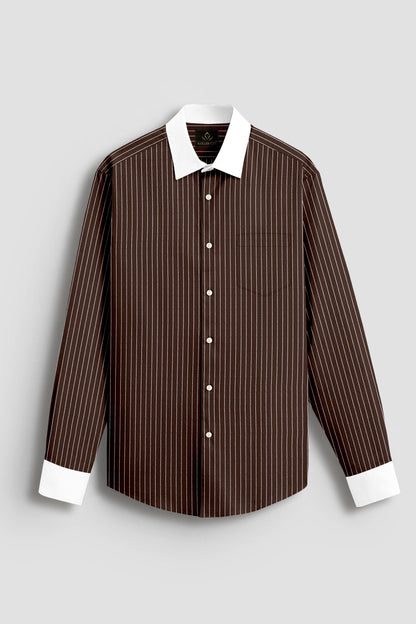 Truffle Brown and Salt White Pinstripes Designer Cotton Shirt