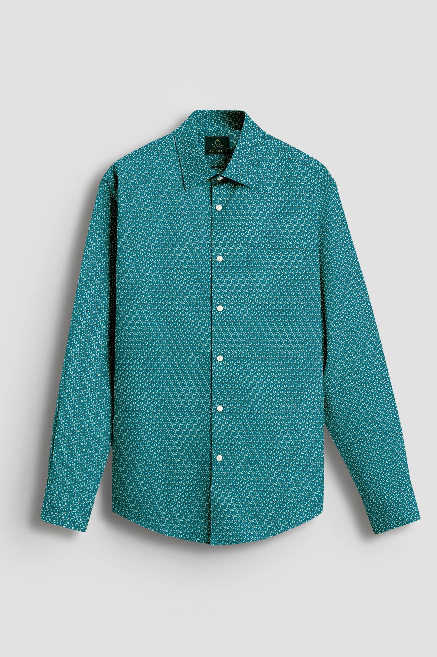 Agate Green and Beige Chamomile Flower Printed Cotton Shirt