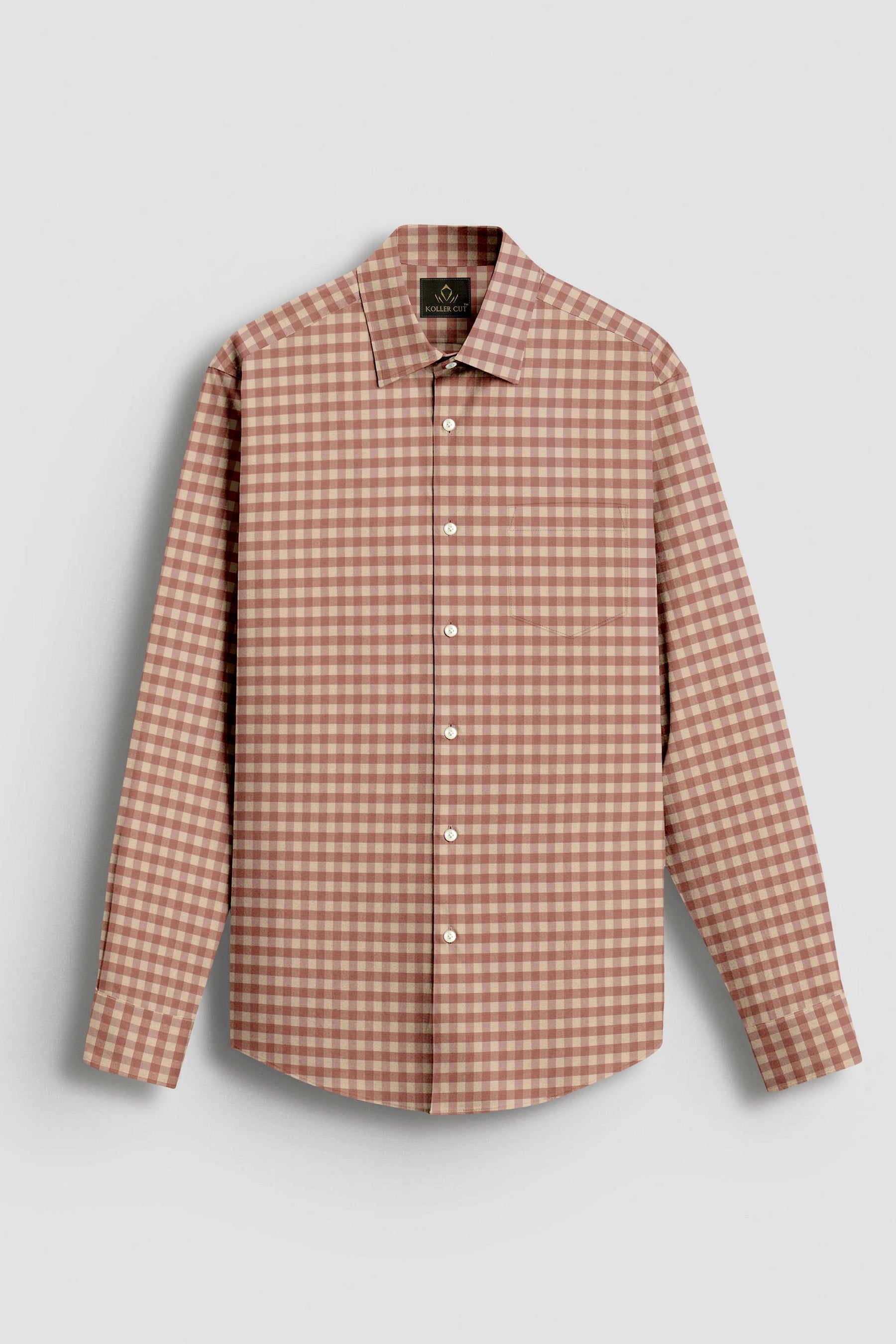 Beige and Peach Brown Gingham Checks 2 ply Cotton Shirt
