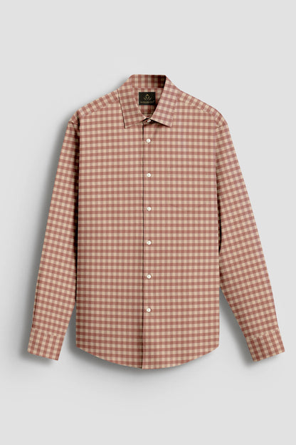 Beige and Peach Brown Gingham Checks 2 ply Cotton Shirt
