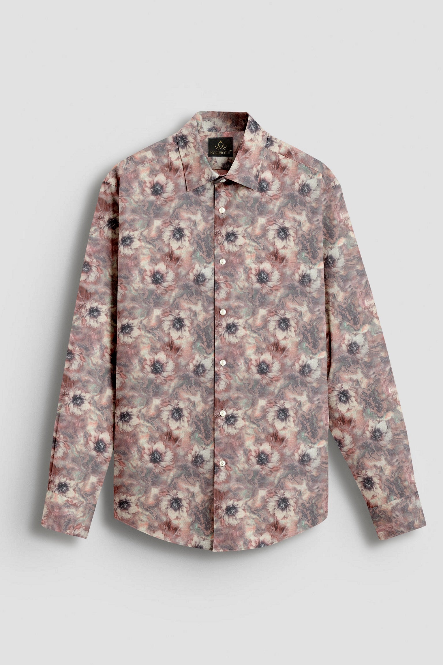 Angora Cream With Pinecone Brown and Aquasky Blue Peonies Flowers Printed Cotton Linen Shirt