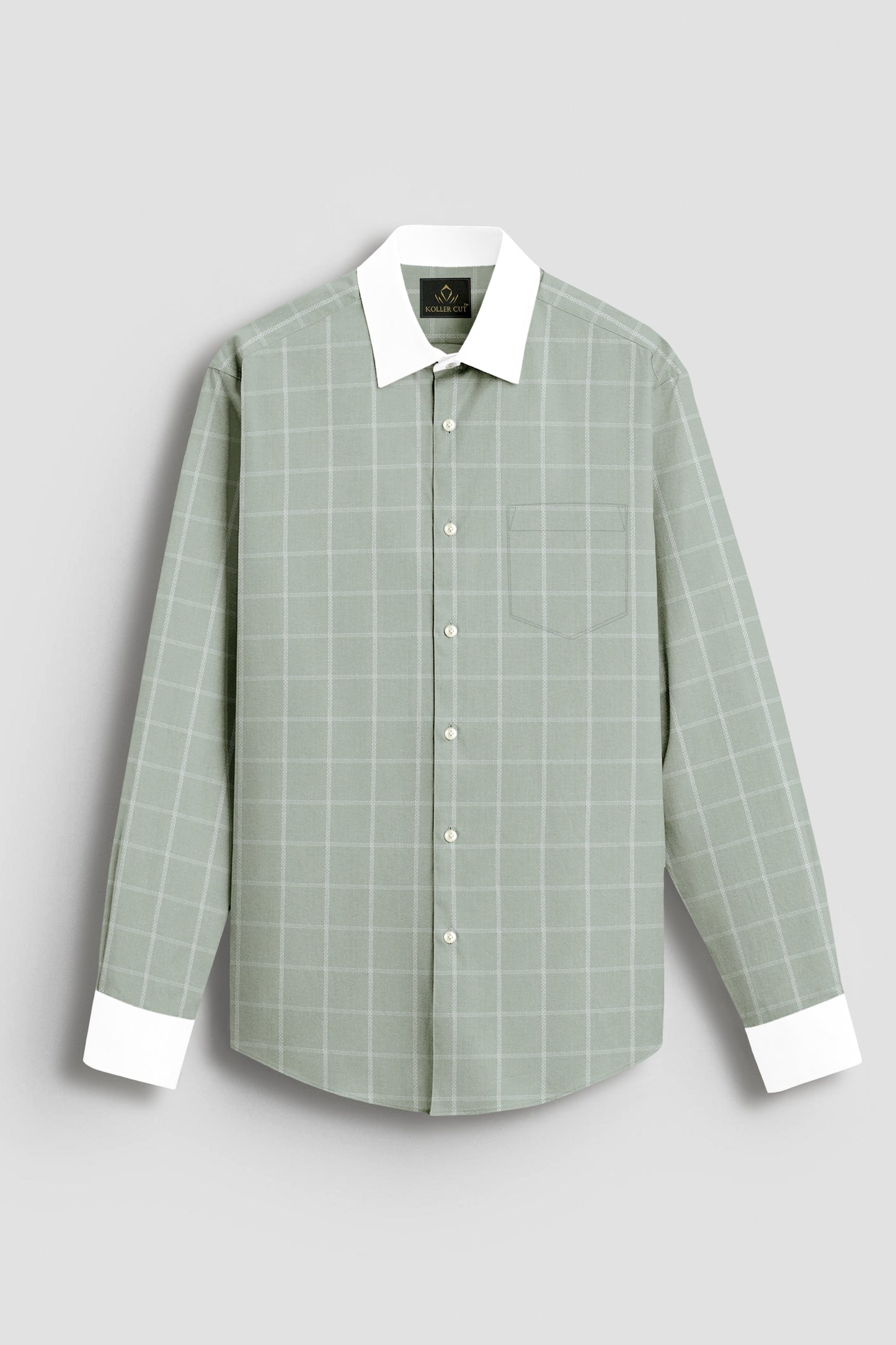 Celadon Green and Frost White Dash Checks Designer Cotton Shirt