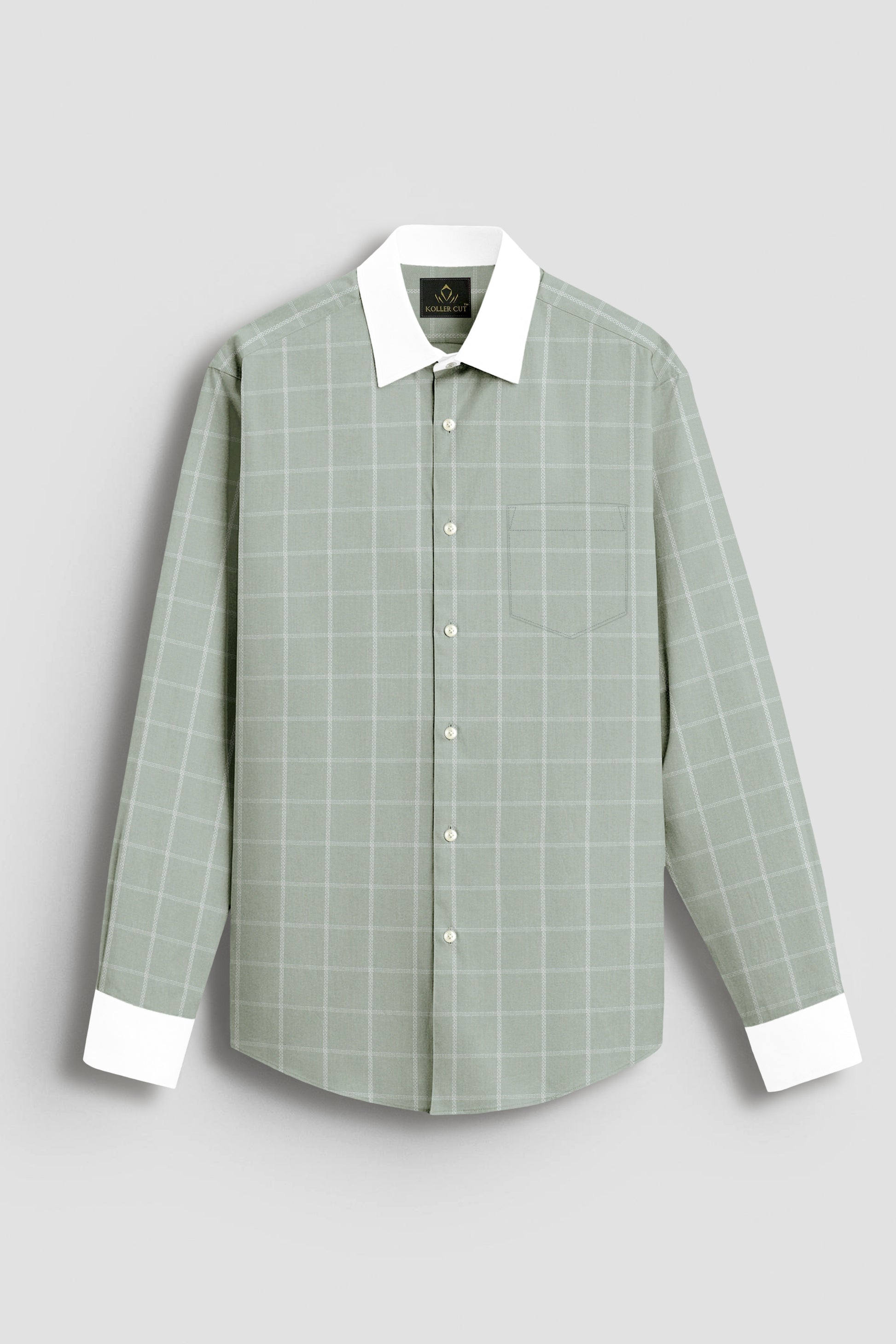 Celadon Green and Frost White Dash Checks Designer Cotton Shirt