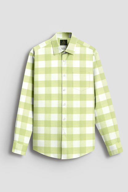 Chameleon Green and Moon White Buffalo Checks Oxford Cotton Shirt