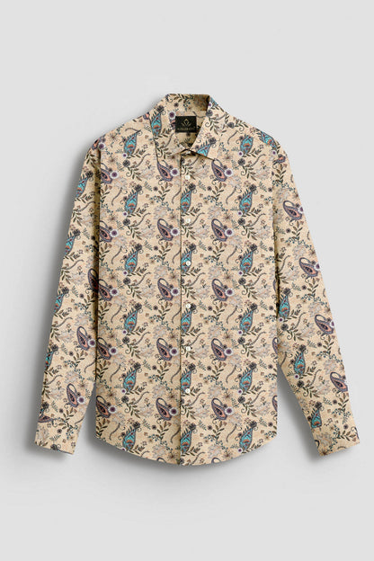 Impala Cream Cyan Blue and Tropical Peach Paisley Patterned Printed Cotton Linen Shirt