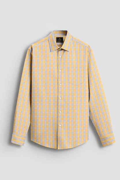 White with Citron Yellow and Paradise Blue Checks Cotton Shirt