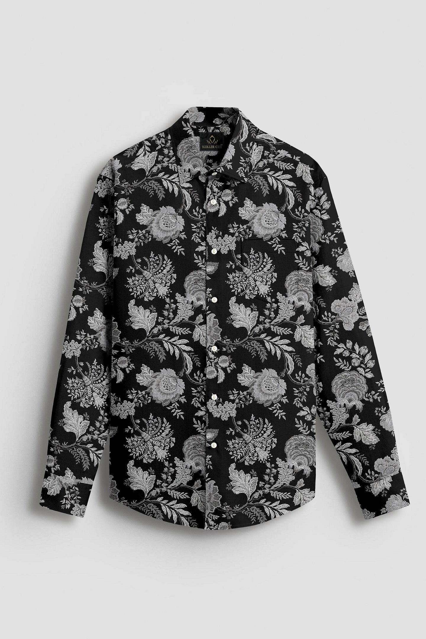 Raven Black with Platinum Grey and Silver Grey Marigold Plant Printed Cotton Shirt