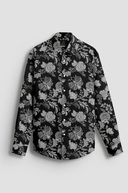 Raven Black with Platinum Grey and Silver Grey Marigold Plant Printed Cotton Shirt