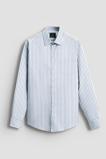 Chambray Blue And Snow White Multitrack Stripes Cotton Shirt
