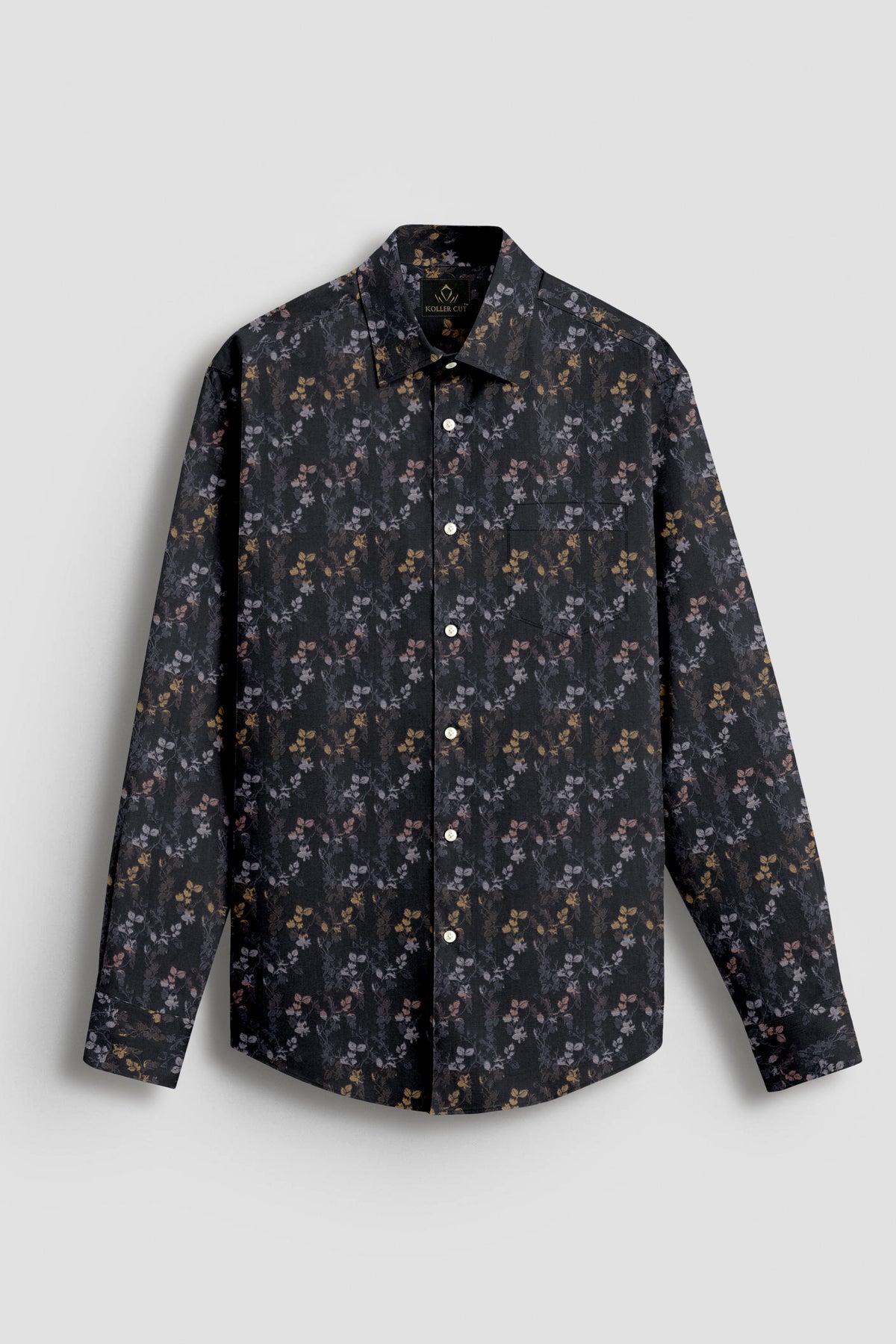 Asphalt Black with Peach Pink and Pale Gold Jacquard Leaf Printed Stripes Cotton Shirt