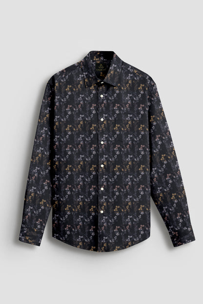 Asphalt Black with Peach Pink and Pale Gold Jacquard Leaf Printed Stripes Cotton Shirt