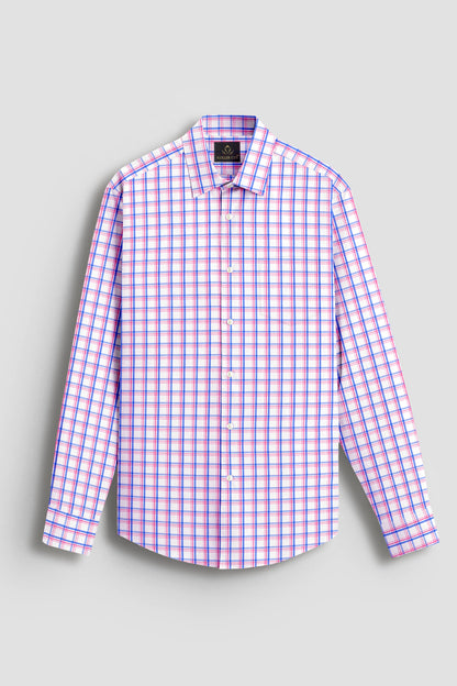 Salt White with Sachet Pink and Mykonos Blue Checks Cotton Shirt 