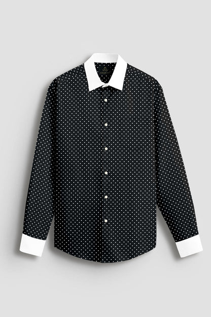 Carbon Black and White Polka Dots Printed Designer Cotton Shirt