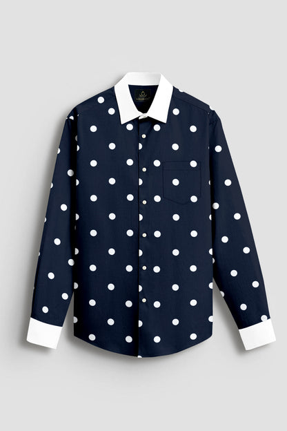 Moonlit Blue and Silk White Polka Dots Printed Designer Cotton Shirt