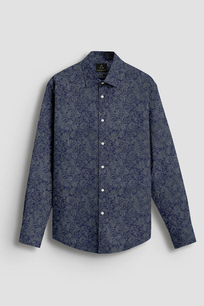 Insignia Blue With Olive Green Vector Flower Printed Cotton Shirt