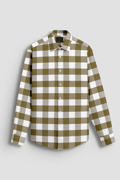 White and Ecru Olive Green Buffalo Checks Cotton Shirt