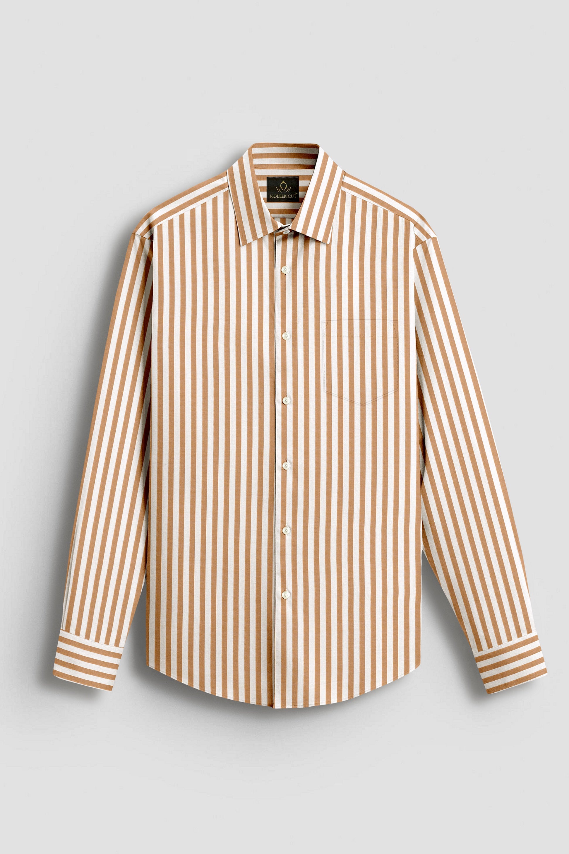Wheat Brown and Milk White Stripes Oxford Structured Cotton Shirt