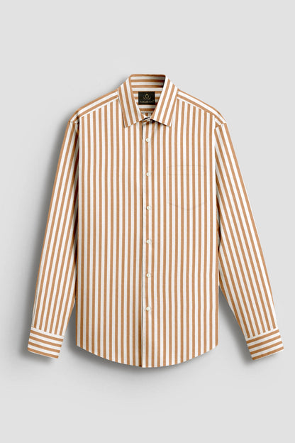 Wheat Brown and Milk White Stripes Oxford Structured Cotton Shirt