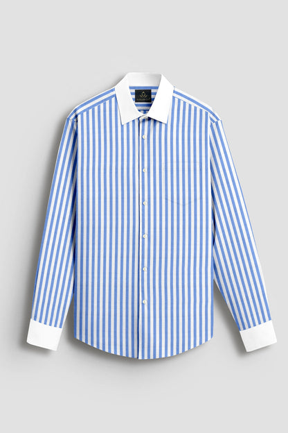 Robbia Blue And Milky White Stripes Oxford Structured Designer Cotton Shirt