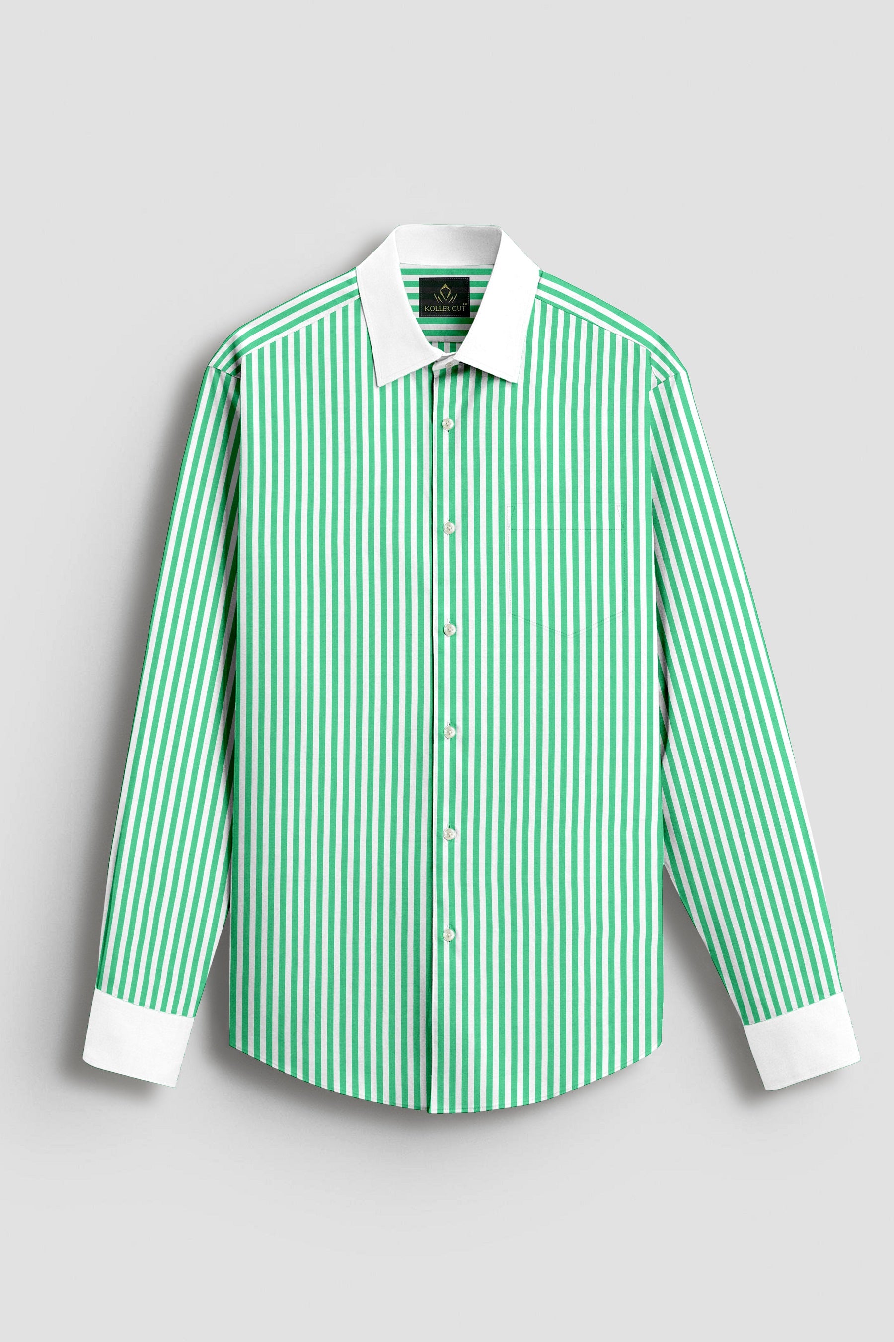 White and Zephyr Green Candy Stripes Designer Cotton Shirt