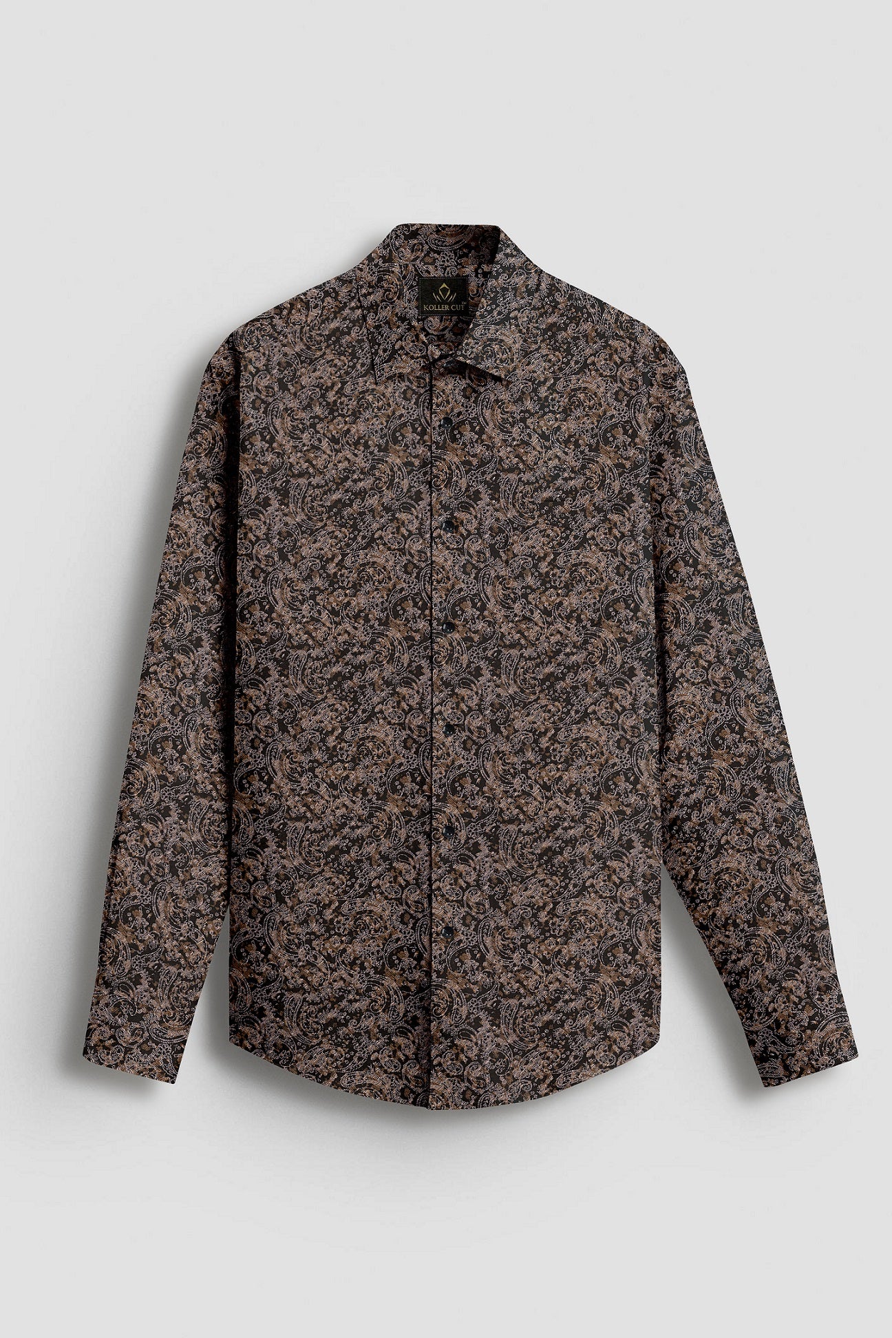 Carbon Black and Nutria Brown Paisley Pattern Printed Cotton Shirt