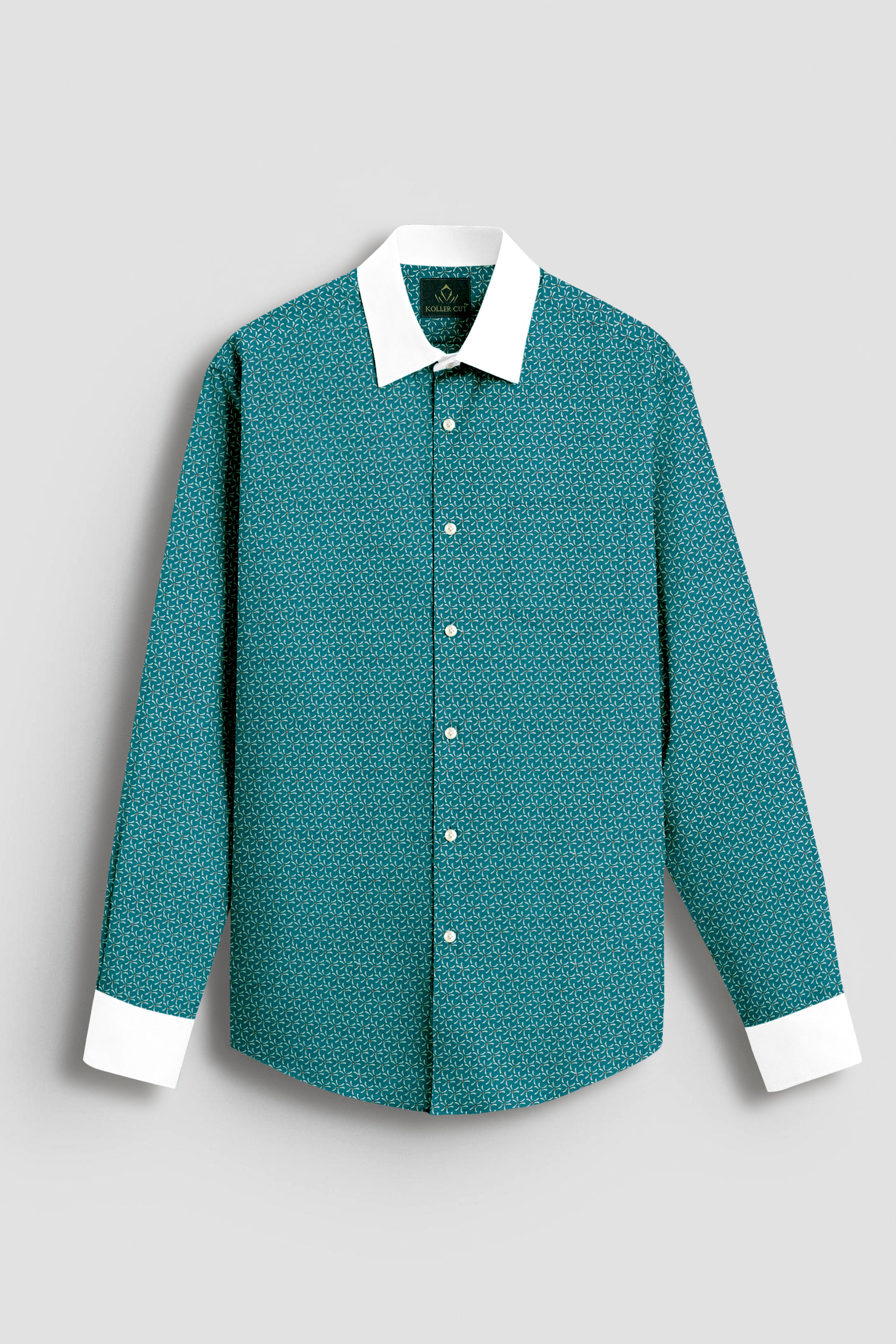 Agate Green and Beige Chamomile Flower Printed Designer Cotton Shirt