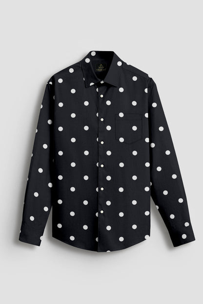 Cumin Black and Silk White Polka Dots Printed Cotton Shirt