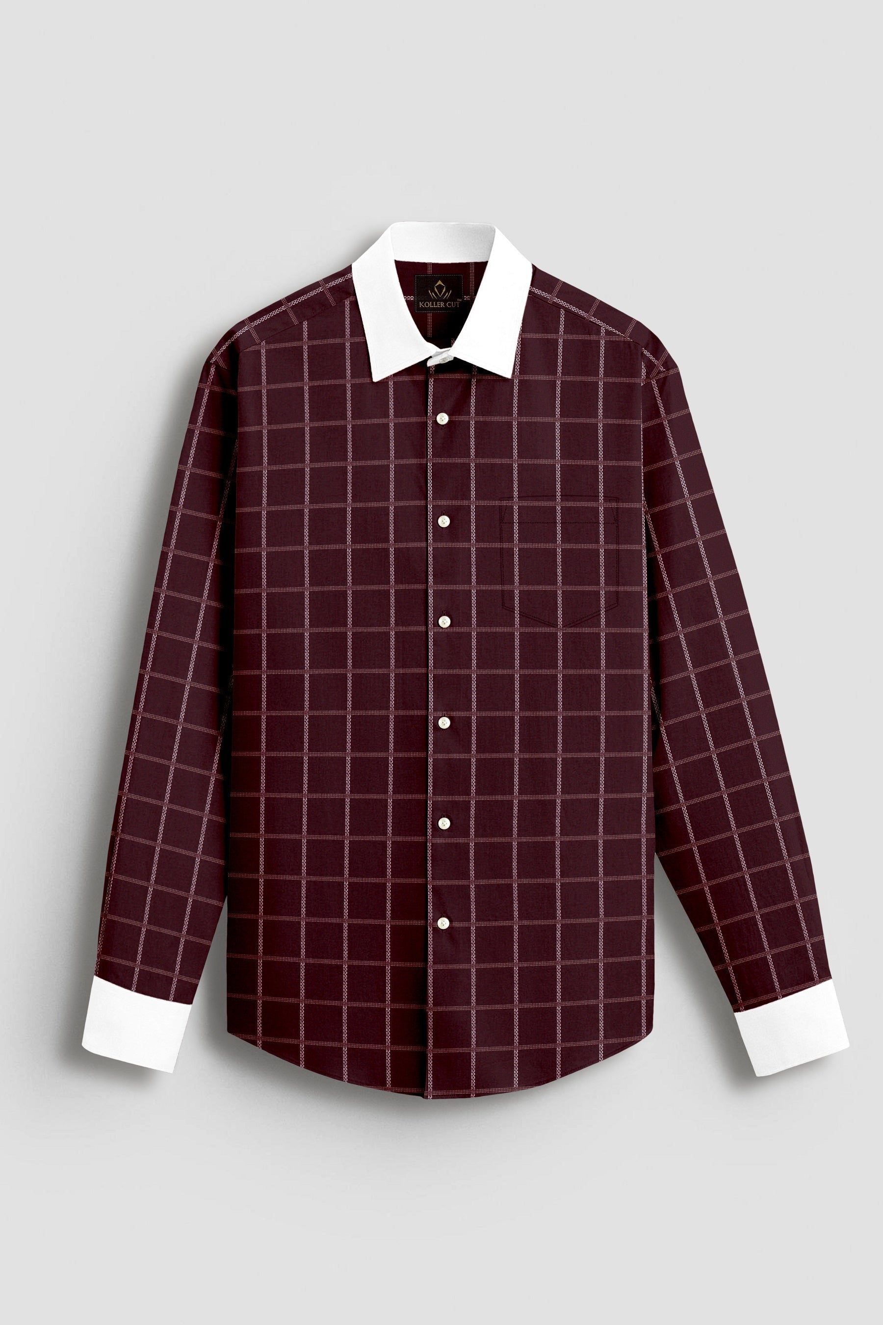 Huckleberry Maroon with White and Argan Brown Dash Checks Designer Cotton Shirt